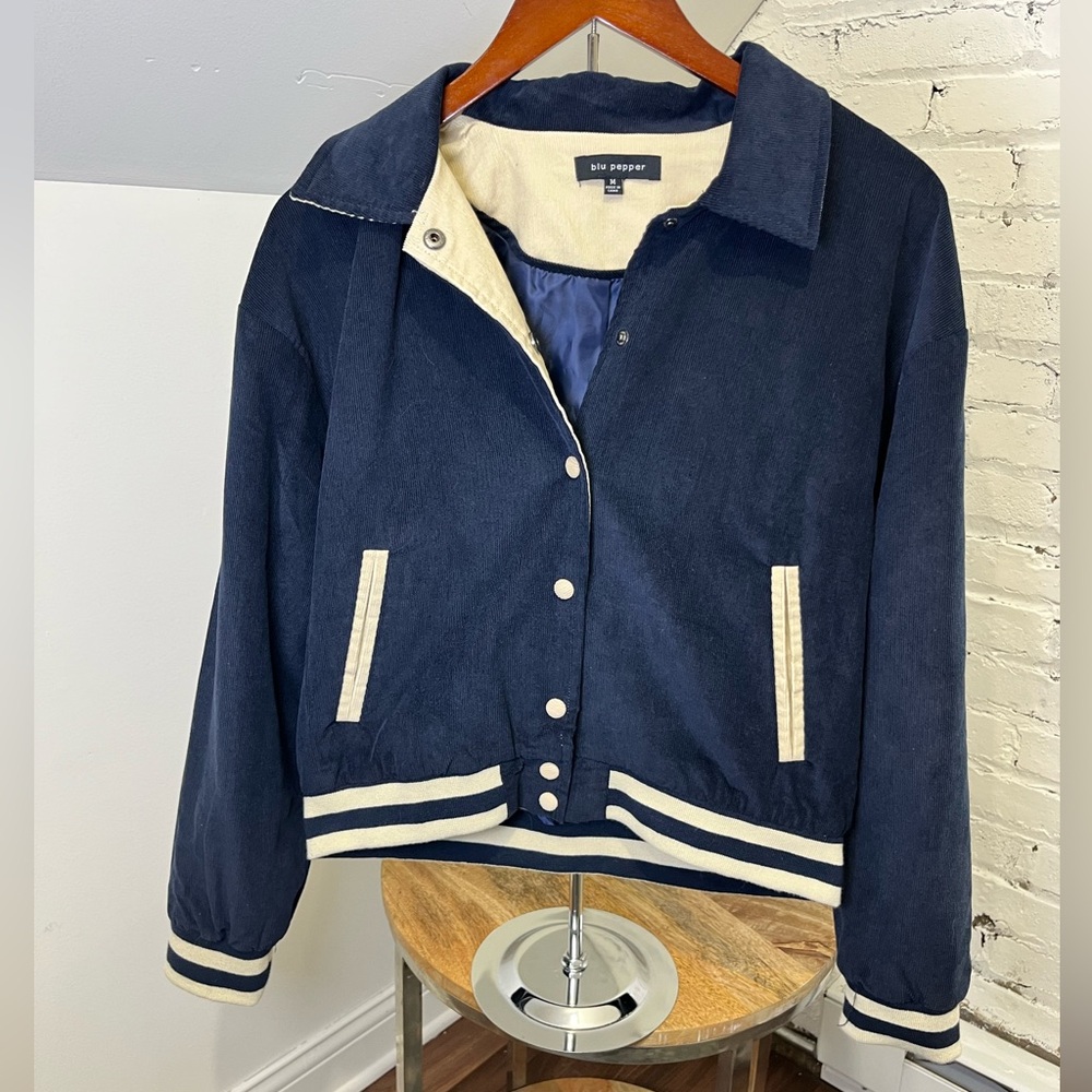 Blu Pepper Corduroy Cropped Varsity Bomber Jacket Womens Navy Cream Size Medium